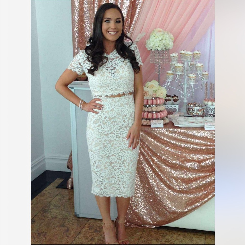 Leah da Gloria x white runway two piece top and skirt set ivory and nude